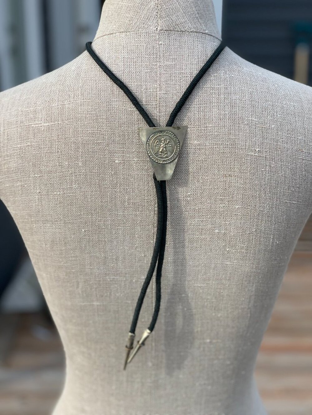 Vintage Western Bolo Tie Silver Toned Eagle Snake Black Cord Boho Cowboy Retro